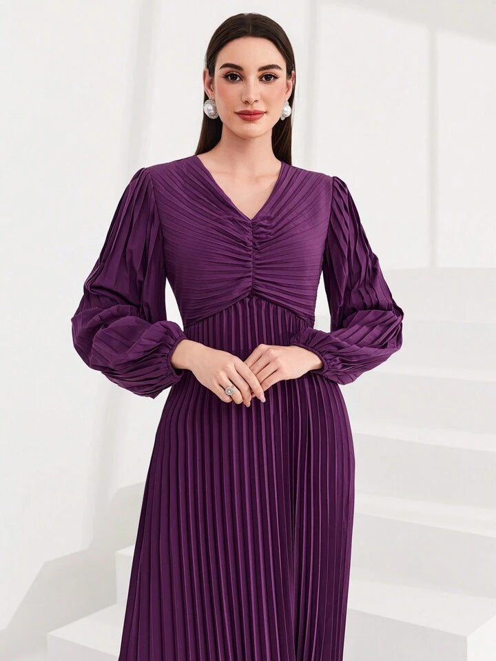 CM-DS825481 Women Elegant Seoul Style V-Neck Pleated Lantern Sleeve Dress - Purple