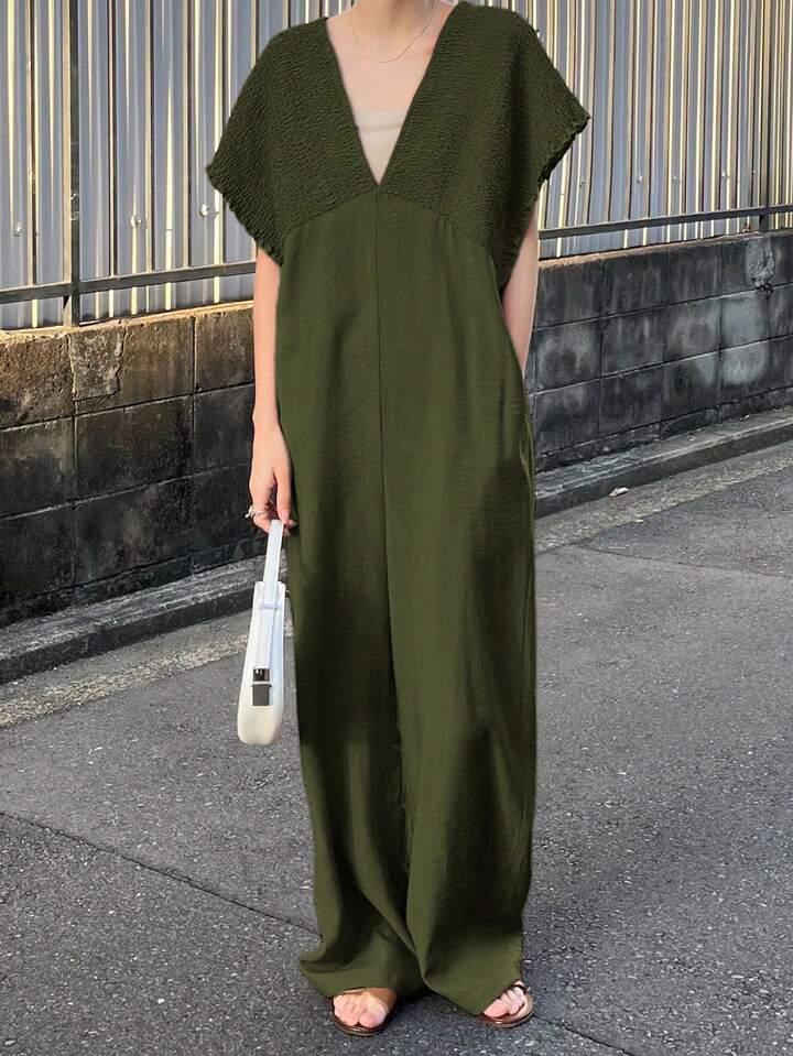 CM-JS652530 Women Trendy Bohemian Style V-Neck With Drawstring Jumpsuit Trousers - Green