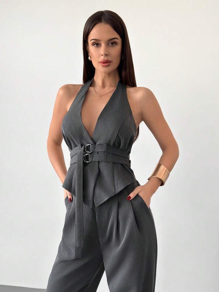 CM-SS112354 Women Elegant Seoul Style Halter Deep V Wrap Metal Buckle Open Back Skinny Camisole With Long Skirt - Set