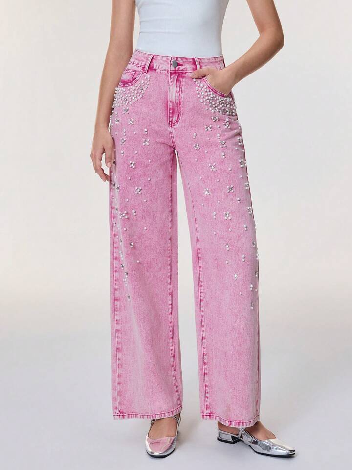 CM-BS416742 Women Casual Seoul Style Pearl Decor Pocket Wide Leg Loose Fit Jeans - Pink