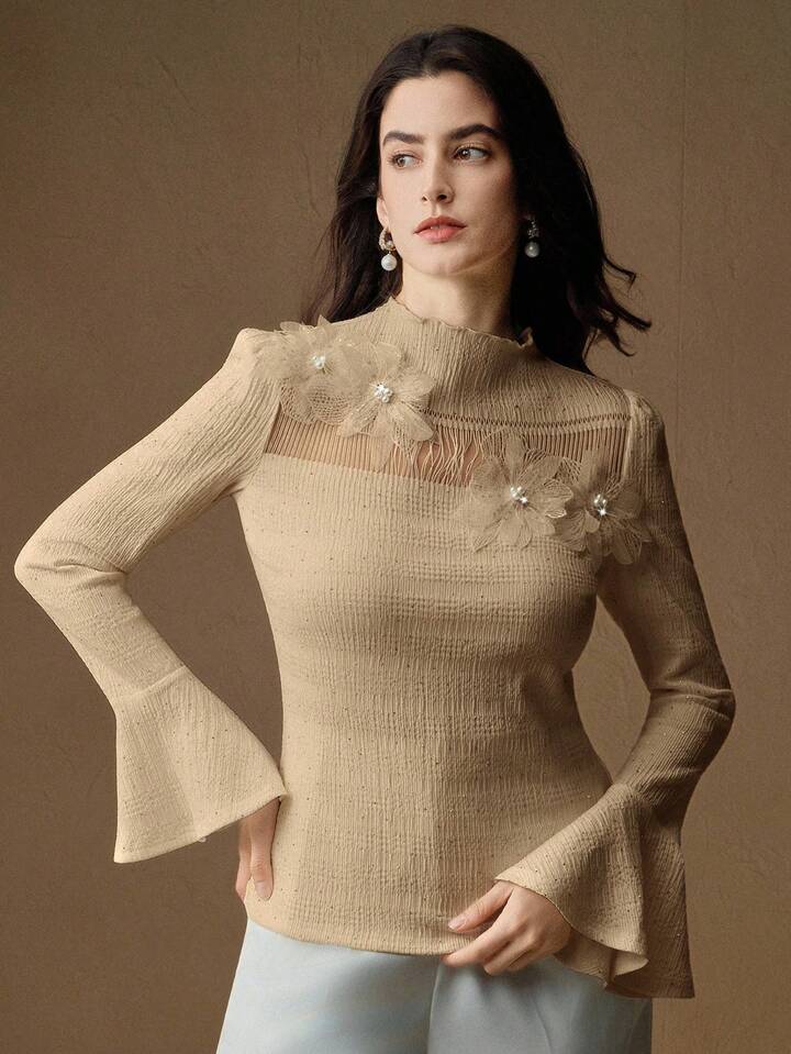 CM-TS240724 Women Elegant Seoul Style Floral Appliques Stand Collar Extra Long Flared Sleeve Blouse - Khaki