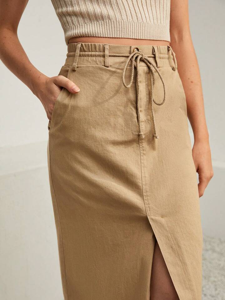 CM-BS276778 Women Trendy Bohemian Style Drawstring Waist Split Thigh Belted Skirt - Khaki