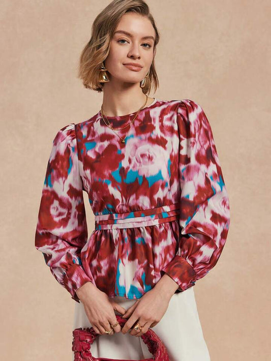 CM-TS023128 Women Casual Seoul Style Round Neck Long Sleeve Printed Peplum Top - Red