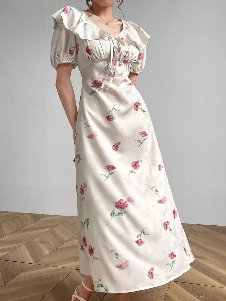 CM-DS767606 Women Casual Seoul Style V-Neck Puff Sleeve Ruffle Hem Floral Print Dress