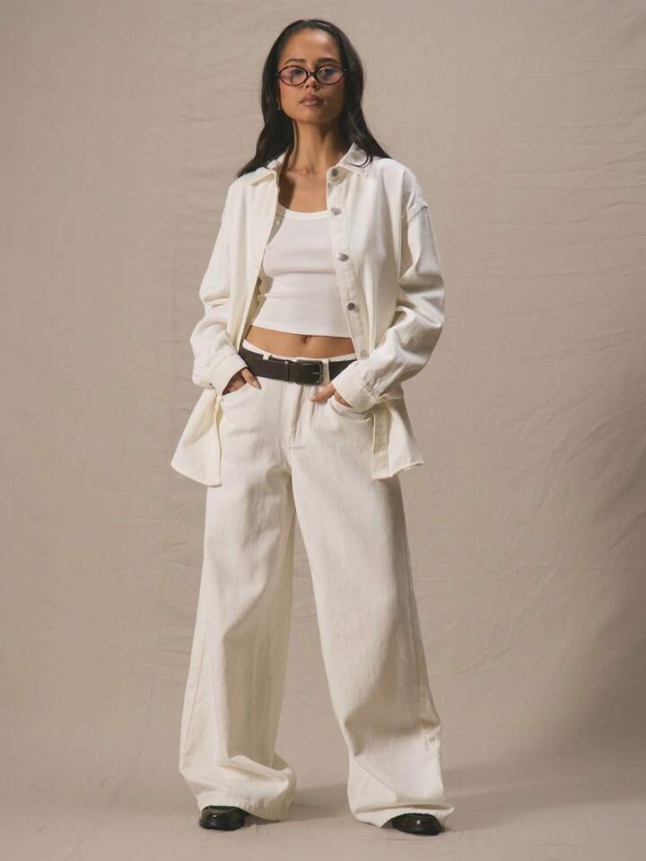 CM-BS468966 Women Casual Seoul Style Mid Rise Wide Leg Denim Jeans - White