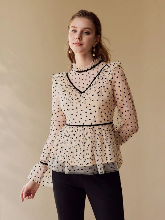 CM-TS622020 Women Elegant Seoul Style Stand Collar Flare Sleeve Contrast Mesh Ruffle Trim Blouse - Apricot