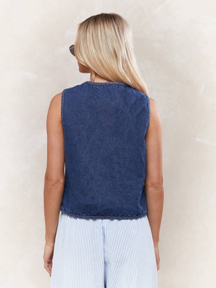 CM-TS990542 Women Casual Seoul Style Tie Detail Open Front Sleeveless Denim Top - Blue