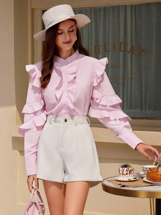 CM-TS685161 Women Elegant Seoul Style Collar Neckline Printed Long Sleeve Shirt - Light Pink
