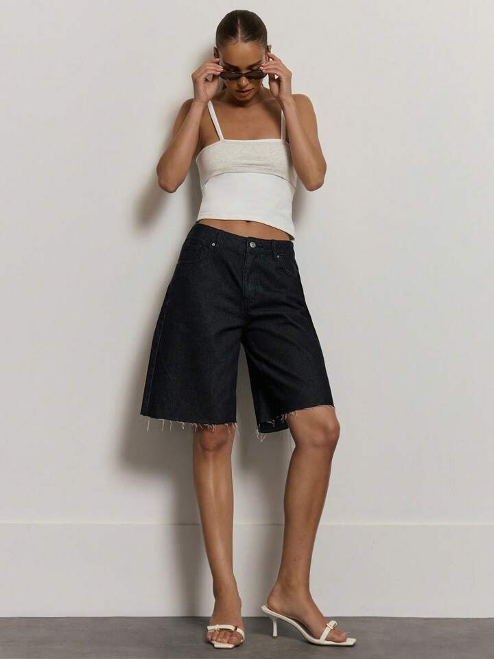 CM-BS140664 Women Casual Seoul Style Longline Dark Wash Ultra Low Waist Denim Shorts - Black
