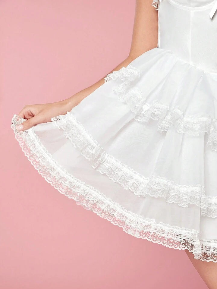 CM-DS248480 Women Elegant Seoul Style Spaghetti Strap Bowknot Lace Bow A-Line Dress - White