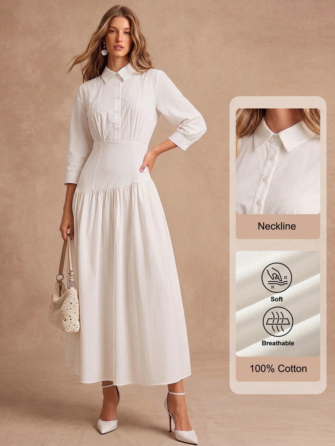 CM-DS246517 Women Elegant Seoul Style Collar Neckline 3/4 Sleeve Pleated Cinched Waist Dress - White