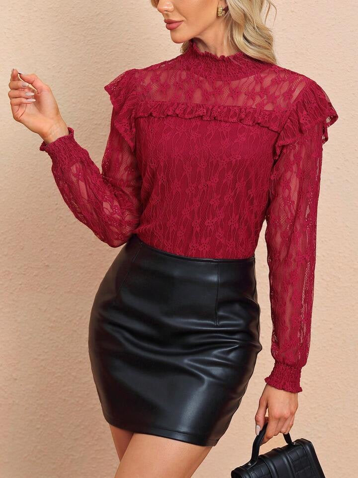 CM-TS961741 Women Elegant Seoul Style Lace Stand Collar Long Sleeve Shirt - Red