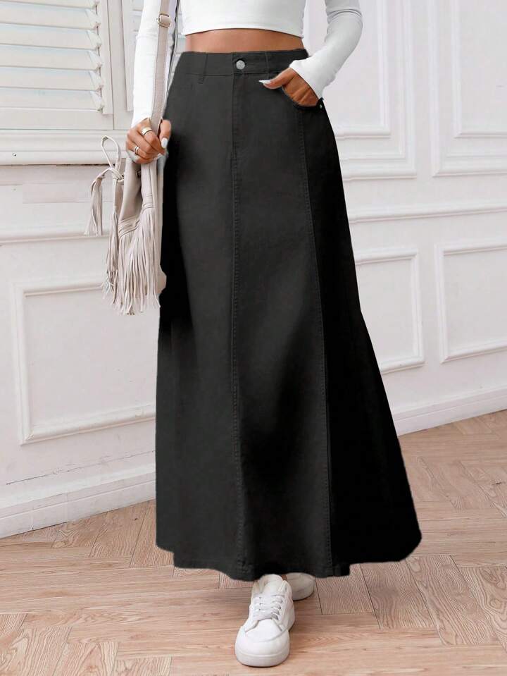 CM-BS151661 Women Casual Seoul Style Solid Color Front Button Pocket Denim Midi Skirt - Black