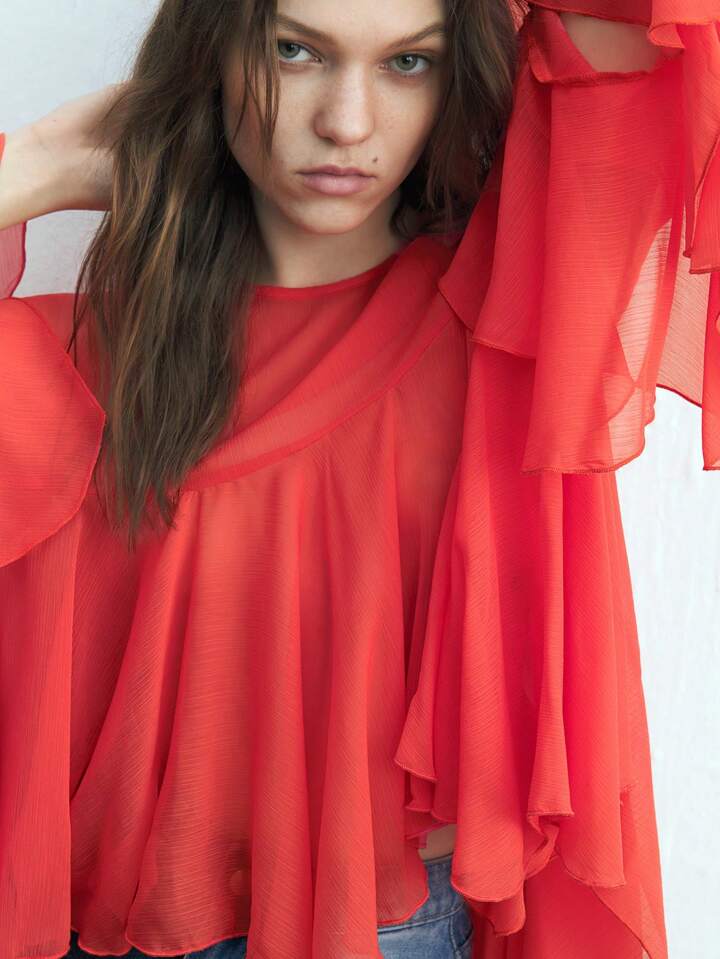 CM-TS115361 Women Trendy Bohemian Style Round Neck Long Sleeve Asymmetrical Mesh Shirt - Red