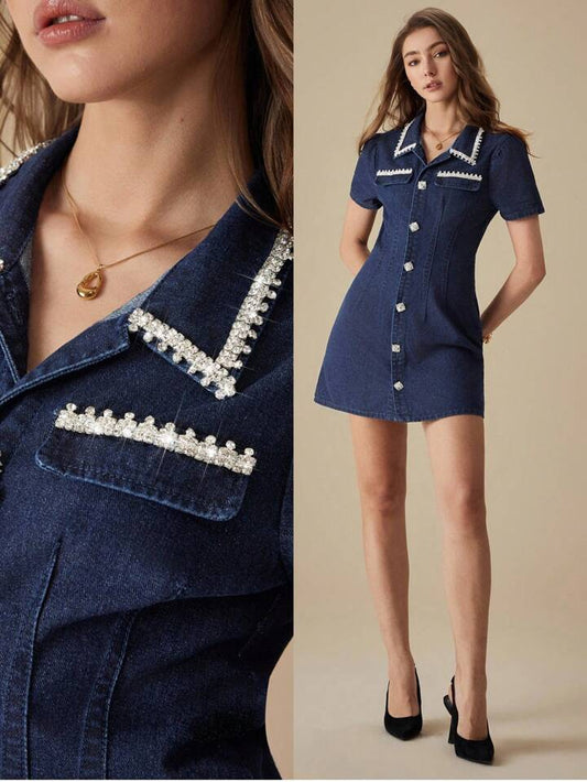 CM-DS054044 Women Casual Seoul Style Rhinestone Decor Front Button Collar Neckline Short Sleeve Mini Denim Dress