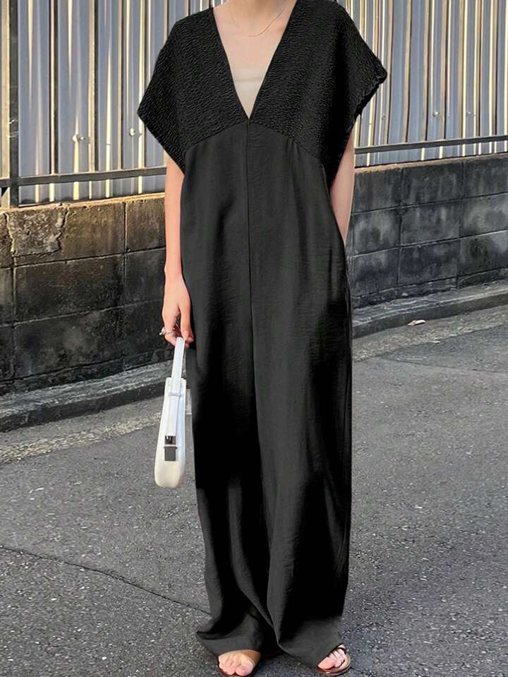 CM-JS610708 Women Trendy Bohemian Style V-Neck With Drawstring Jumpsuit Trousers - Black