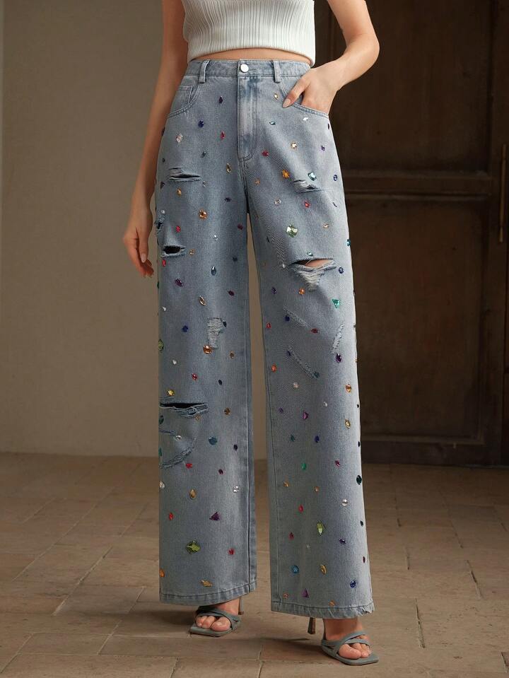 CM-BS261305 Women Elegant Seoul Style Light Wash Distressed Colored Rhinestone Embellished Jeans