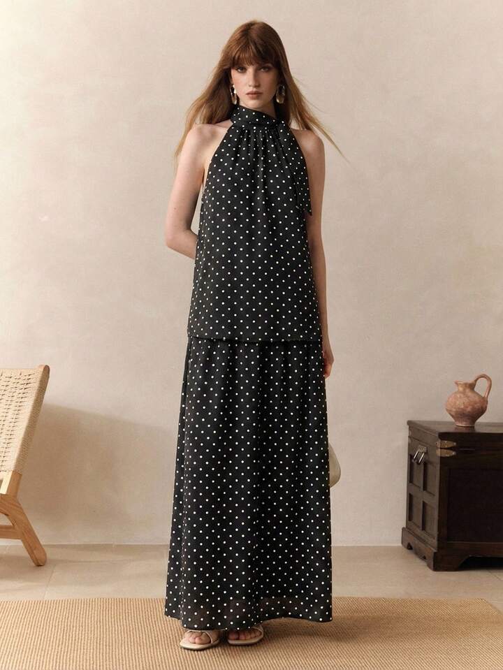 CM-BS501944 Women Trendy Bohemian Style Chiffon Polka Dot Print Sleeveless Halter Neck Top With Skirt - Set