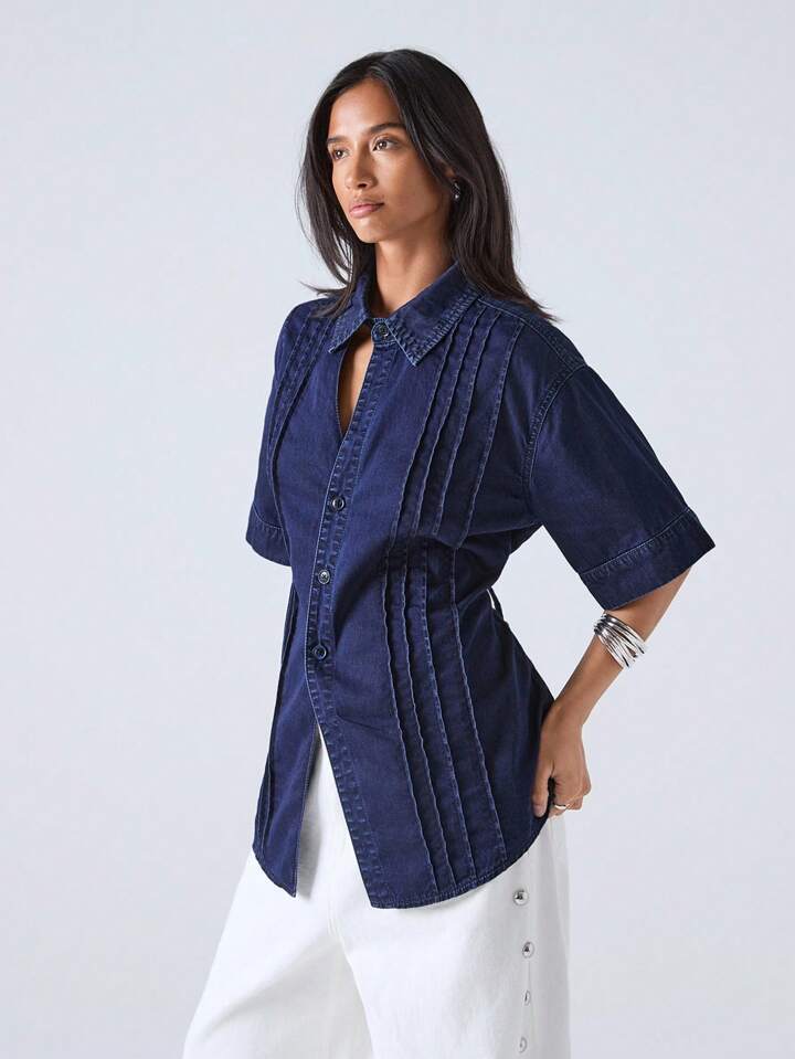 CM-TS825911 Women Elegant Seoul Style Dark Wash Collar Neckline Short Sleeve Single-Breasted Denim Jacket