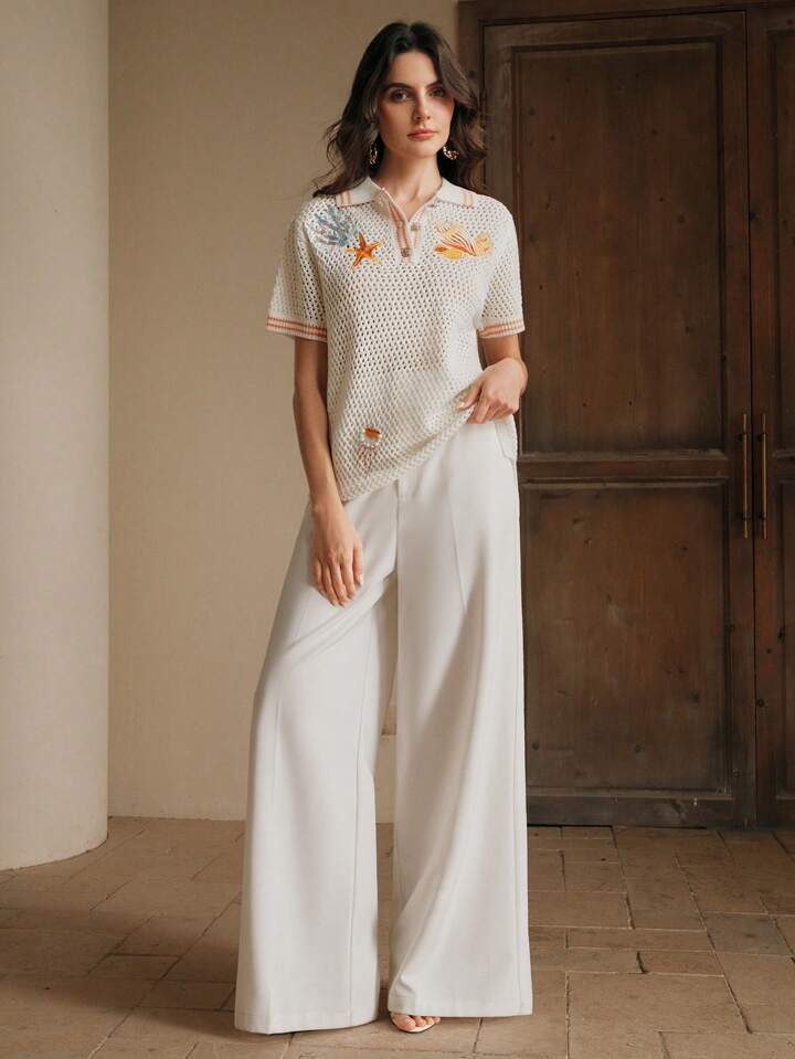 CM-TS135189 Women Casual Seoul Style Starfish Embroidery Seashell Polo Neckline Short Sleeve Knit Top