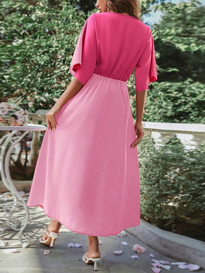 CM-DS256496 Women Casual Seoul Style V-Neck Twist Front Batwing Sleeve High Slit Maxi Dress