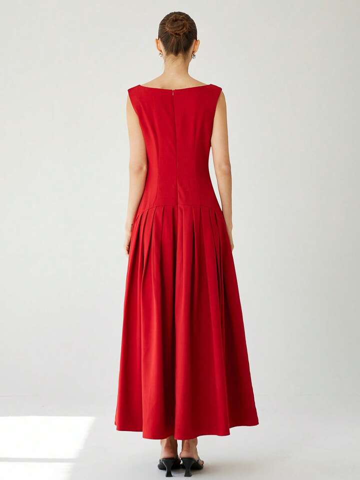 CM-DS552576 Women Elegant Seoul Style Sleeveless Cinched Waist Low Waist Pleated Ruffle Hem Long Dress - Red