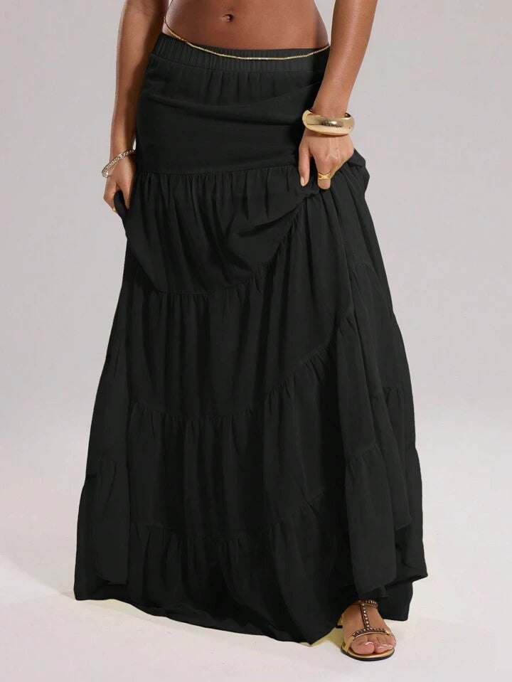 CM-BS664444 Women Trendy Bohemian Style Chiffon Layered Tiered Loose Maxi Skirt - Black