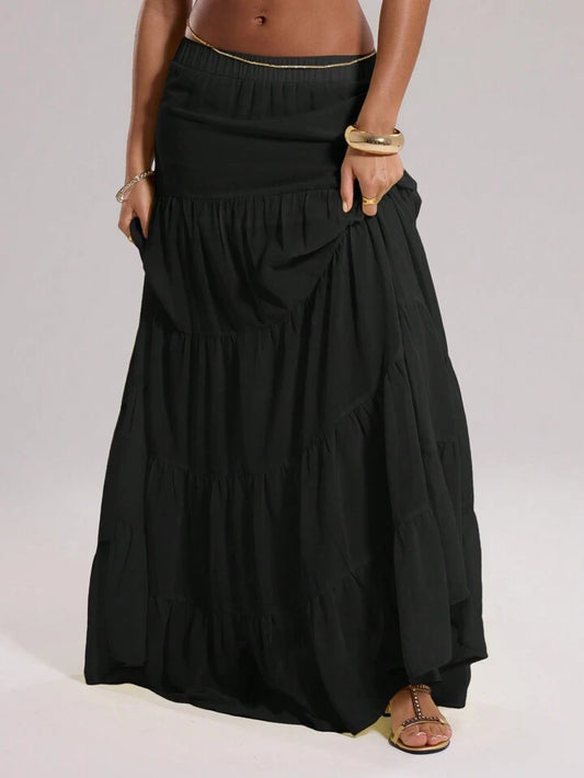 CM-BS664444 Women Trendy Bohemian Style Chiffon Layered Tiered Loose Maxi Skirt - Black