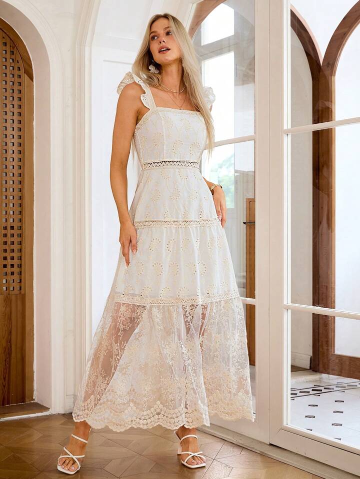 CM-DS667808 Women Elegant Seoul Style Solid Square Neck Embroidered Lace Panelled Dress - White