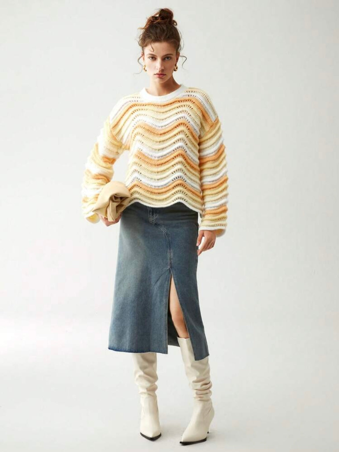 CM-CS362220 Women Casual Seoul Style Striped Pattern Knit Drop Shoulder Long Sleeve Sweater