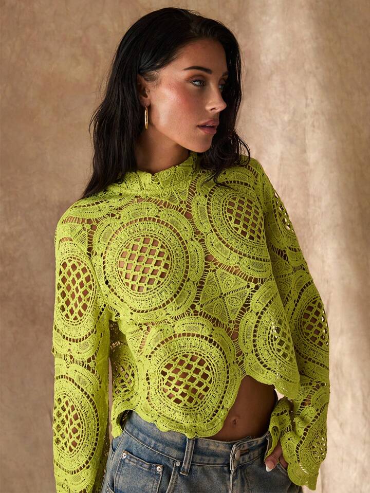 CM-TS777263 Women Casual Seoul Style Stand Collar Lace Hollow-Out See-Through Blouse - Green