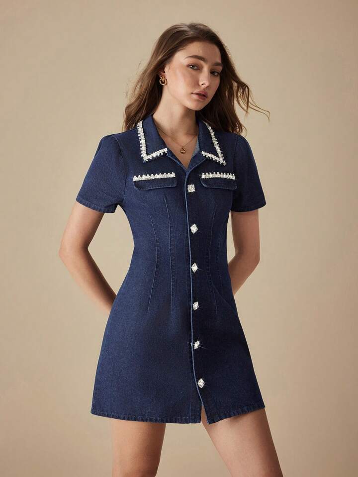 CM-DS054044 Women Casual Seoul Style Rhinestone Decor Front Button Collar Neckline Short Sleeve Mini Denim Dress