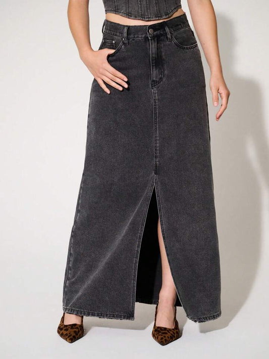 CM-BS352224 Women Casual Seoul Style Non-Stretch Drop Waist Slit Denim Maxi Skirt - Gray
