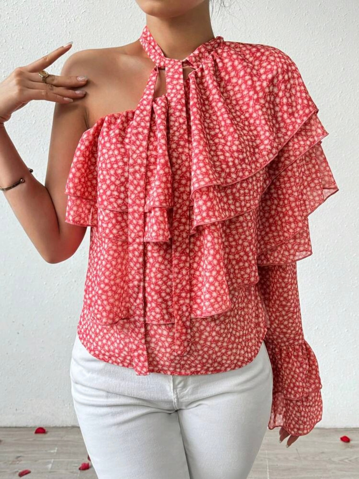 CM-TS285877 Women Trendy Bohemian Style One-Shoulder Floral Print Ruffle Trim Blouse - Pink