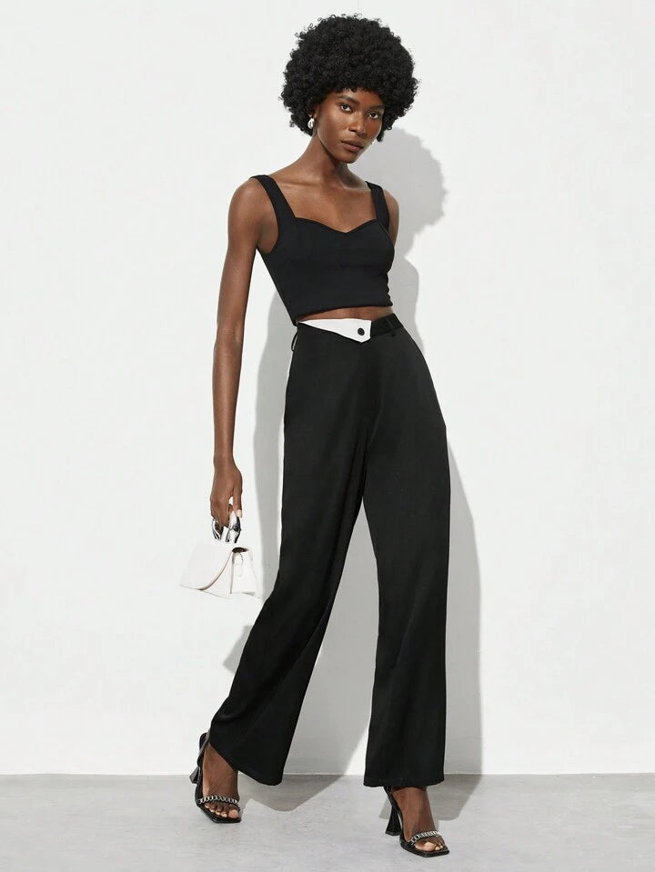 CM-BS867676 Women Elegant Seoul Style Colorblock Asymmetrical High Waist Pants - Black