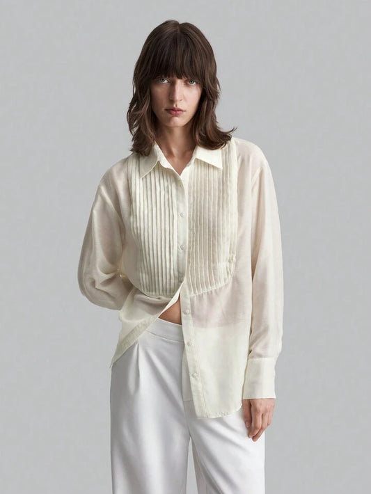 CM-TS444216 Women Casual Seoul Style Solid Pleated Detail Long Sleeve Blouse - White