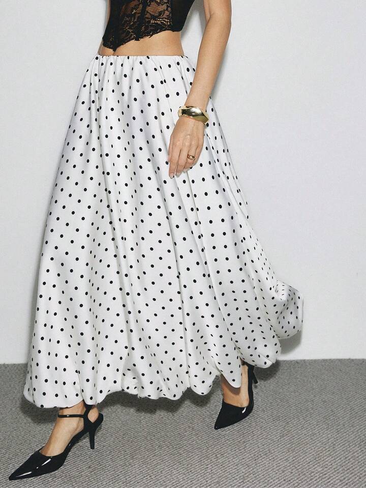 CM-BS787129 Women Elegant Seoul Style Polka Dot Print Satin Pleated Bubble Long A-Line Skirt - White