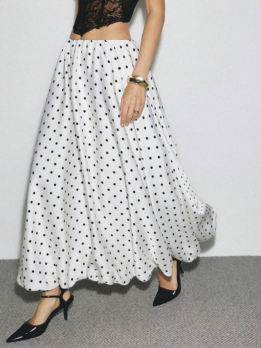 CM-BS787129 Women Elegant Seoul Style Polka Dot Print Satin Pleated Bubble Long A-Line Skirt - White