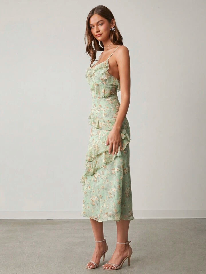CM-DS882497 Women Elegant Seoul Style Floral Print Ruffle Trim Spaghetti Strap Sleeveless Long Dress - Green