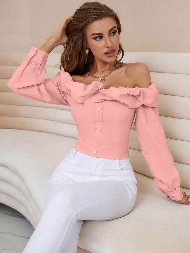 CM-TS633977 Women Elegant Seoul Style Off the Shoulder Long-Sleeved Shirt - Pink