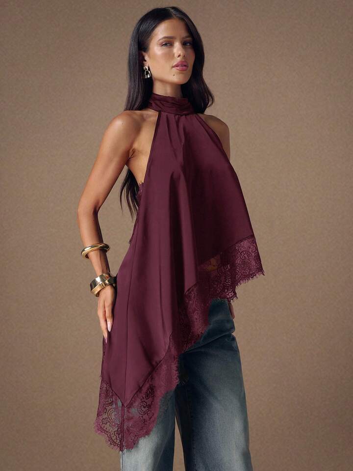 CM-TS449930 Women Elegant Seoul Style Lace Satin Patchwork Sleeveless Trim Backless Camisole Top - Maroon