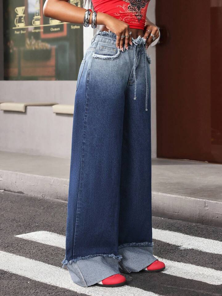 CM-BS839455 Women Casual Seoul Style Light Wash Mid Waist Ombre Frayed Hem Wide Leg Jeans
