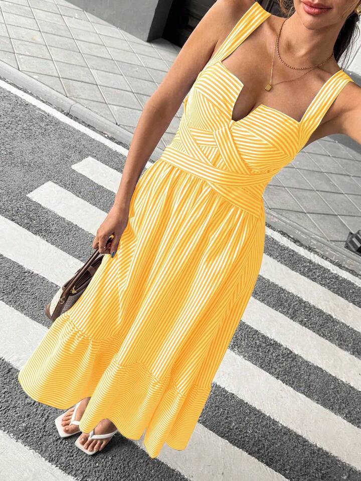 CM-DS108061 Women Trendy Bohemian Style V-Neck Sleeveless Striped Criss-Cross Dress - Yellow