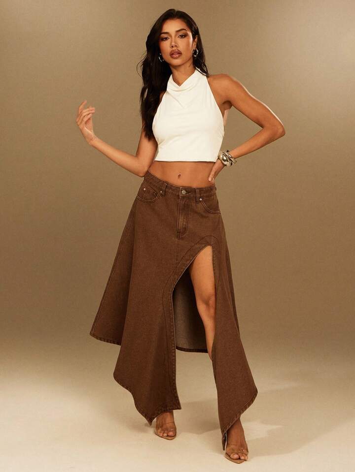 CM-BS963163 Women Casual Seoul Style Mid Waist Asymmetrical High Slit Denim Midi Skirt - Brown
