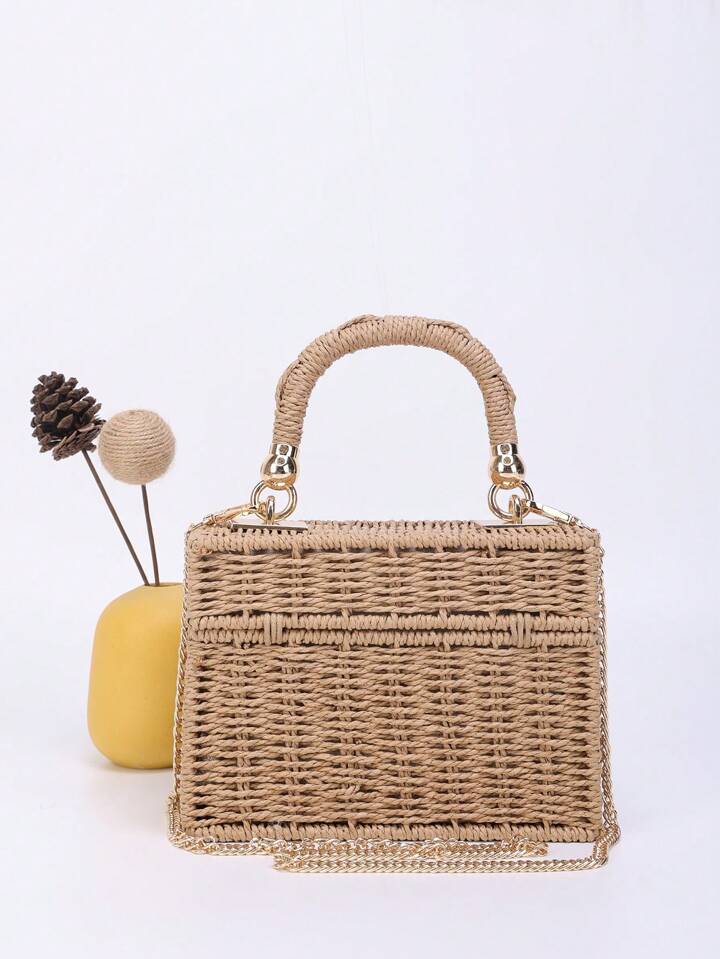 CM-BGS638723 Women Trendy Seoul Style Minimalist Twist Lock Flap Straw Bag - Camel