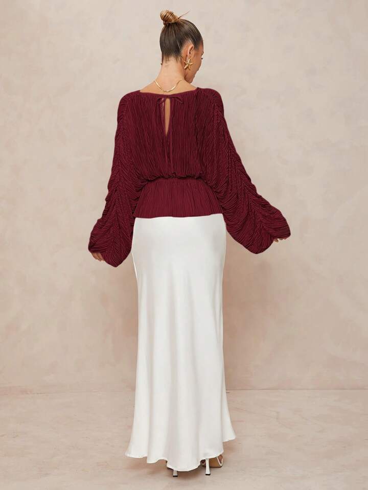 CM-TS272263 Women Elegant Seoul Style Deep V-Neck Long Sleeve Loose Fit Ruffled Hem  Oversized Blouse - Burgundy