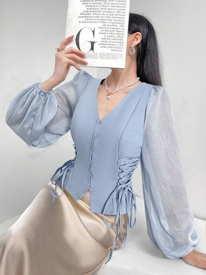 CM-TS863683 Women Elegant Seoul Style Sheer V-Neck Puff Lantern Sleeves Lace-Up Detail Blouse - Blue