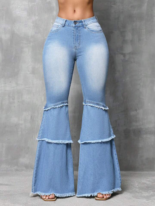 CM-BS928591 Women Casual Seoul Style Light Wash Splice Multi-Layer Fringed Patch Pockets Flare Jeans