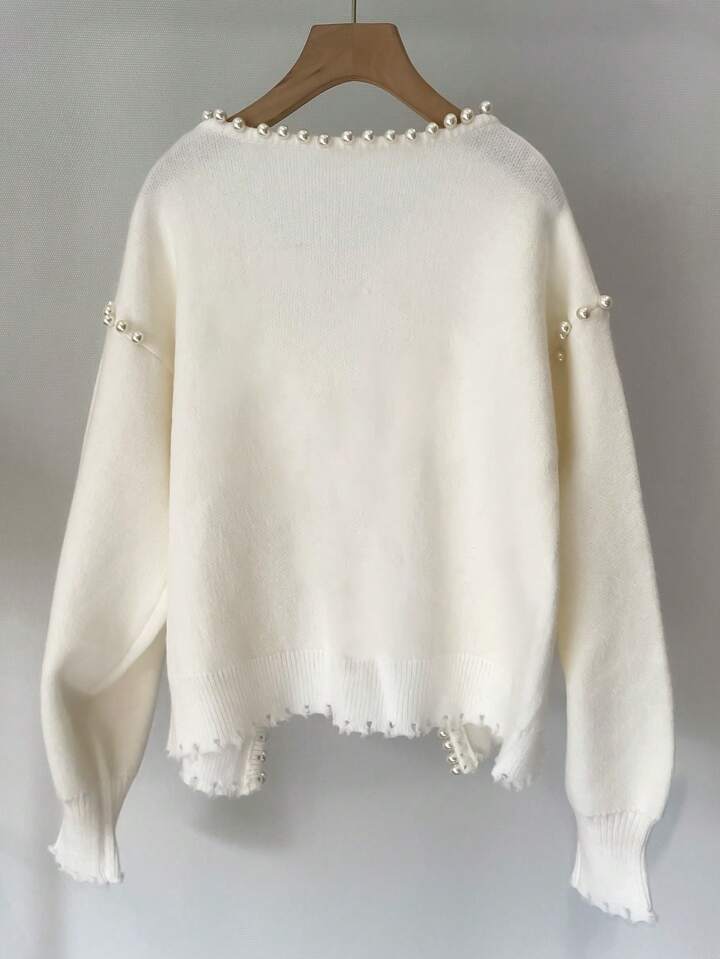 CM-CS690395 Women Casual Seoul Style Pearl Trim Distressed Hem Long Sleeve Knit Sweater - White