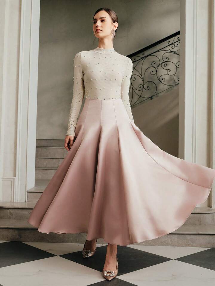CM-BS335131 Women Elegant Seoul Style High Waist Flared Long Skirt - Dusty Pink